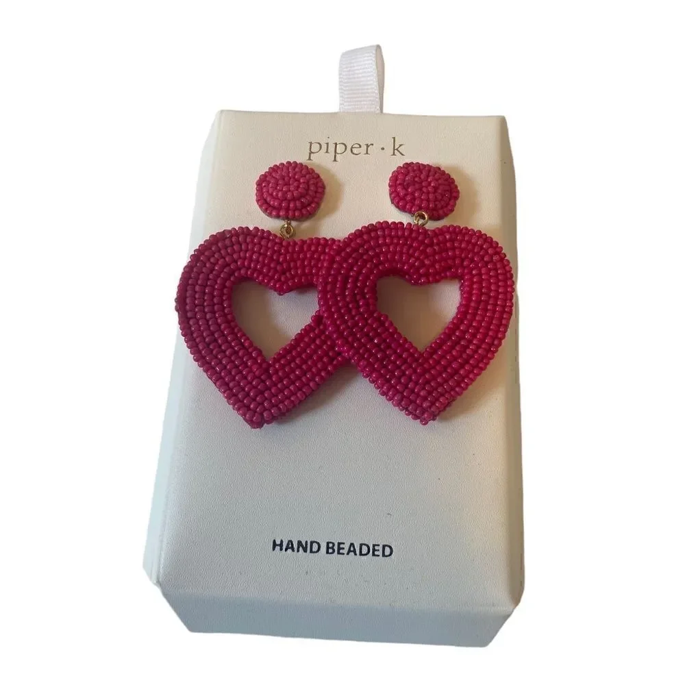 Piper.k Hot Pink Seed Bead Open Heart Drop Earrings.